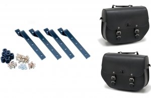 Leather saddlebags CUSTOMACCES SANT LOUIS black set, with metal base and fitting kit set